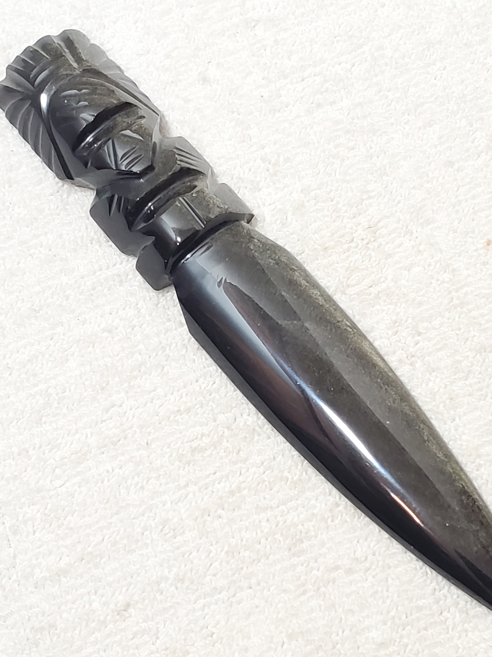 Aztec Silver Sheen Obsidian Black Stone Carved Maya Face Letter Opener Dagger